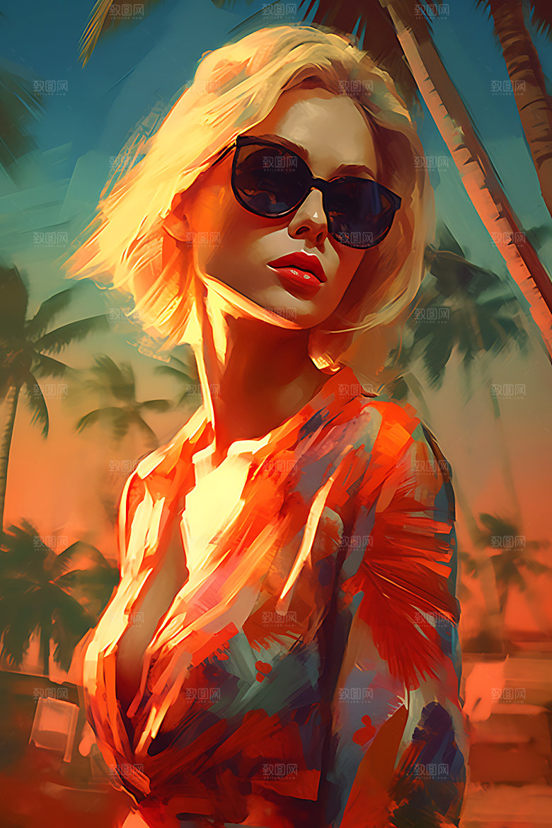 海边度假海滩夏日蒸汽波风格插画
