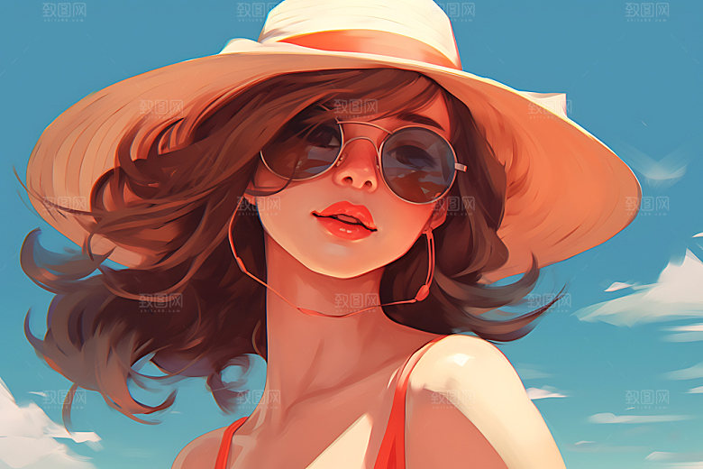 海边度假唯美夏天蒸汽波风格插画