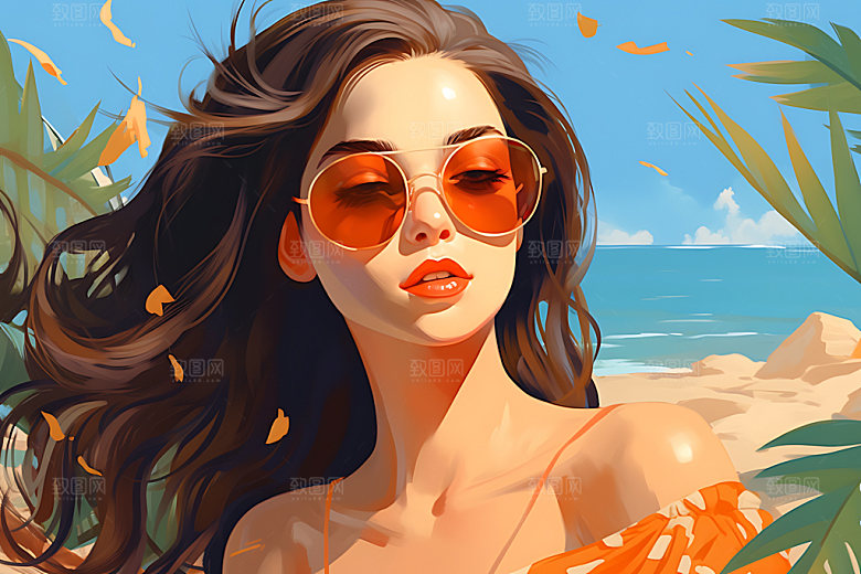 海边度假唯美休闲蒸汽波风格插画