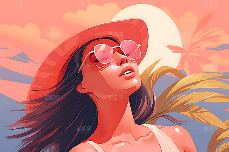 海边度假休闲夏天蒸汽波风格插画