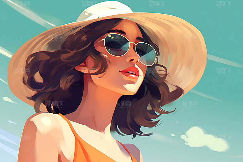 海边度假夏日唯美蒸汽波风格插画