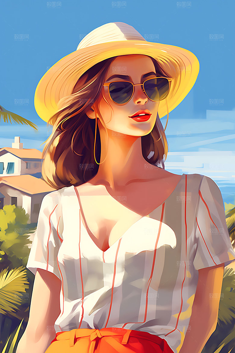 海边度假唯美海岛蒸汽波风格插画