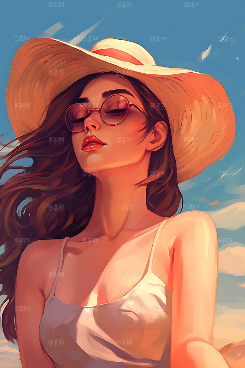 海边度假唯美夏天蒸汽波风格插画
