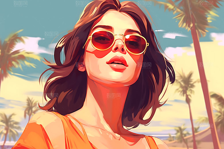 海边度假唯美海岛蒸汽波风格插画