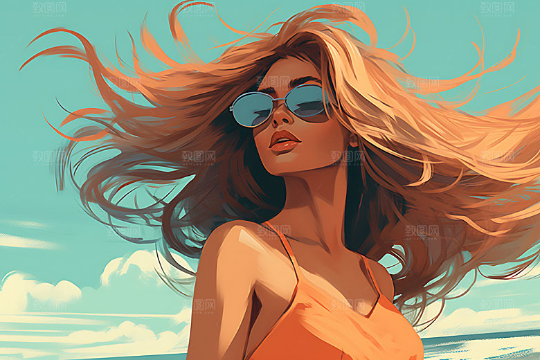 海边度假夏天夏日蒸汽波风格插画