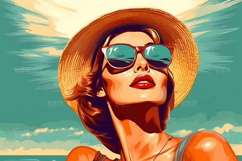 海边度假夏天海滩蒸汽波风格插画