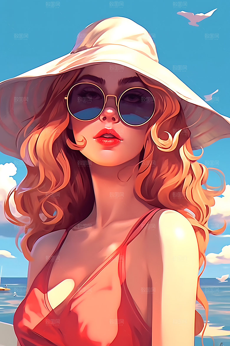 海边度假唯美海岛蒸汽波风格插画