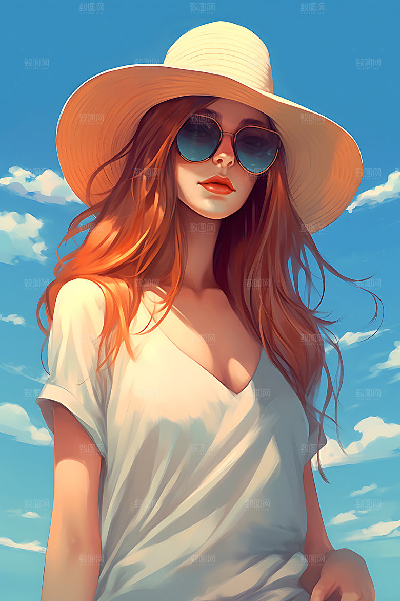 海边度假夏天唯美蒸汽波风格插画
