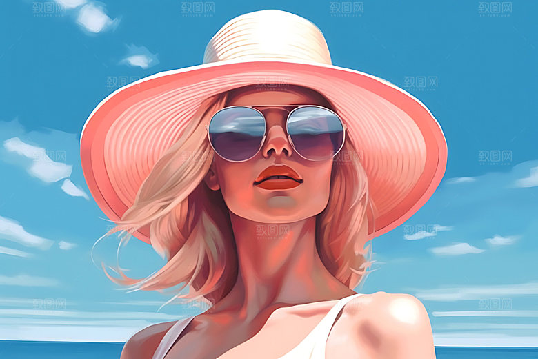 海边度假唯美海岛蒸汽波风格插画