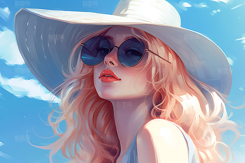 海边度假夏天唯美蒸汽波风格插画