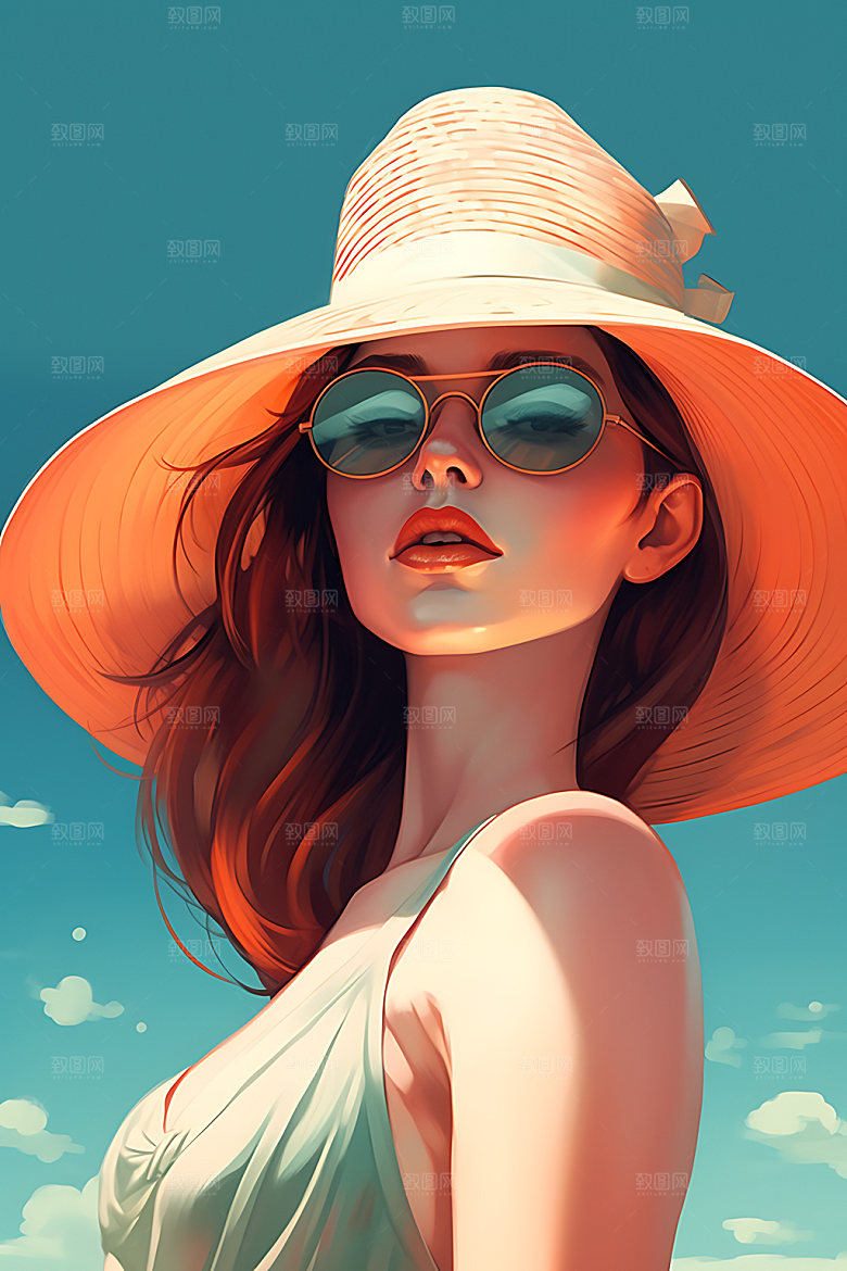 海边度假海滩夏日蒸汽波风格插画