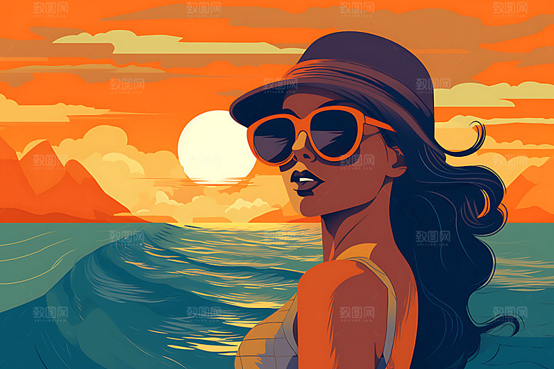 海边度假夏天夏日蒸汽波风格插画