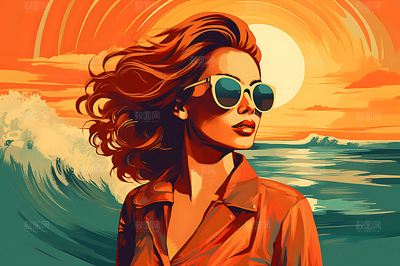 海边度假休闲夏日蒸汽波风格插画