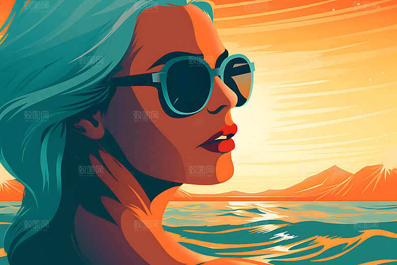 海边度假海岛唯美蒸汽波风格插画
