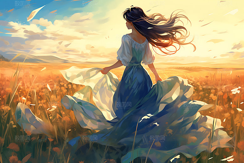 田野休闲蓝天绿草夏日蒸汽波风格插画