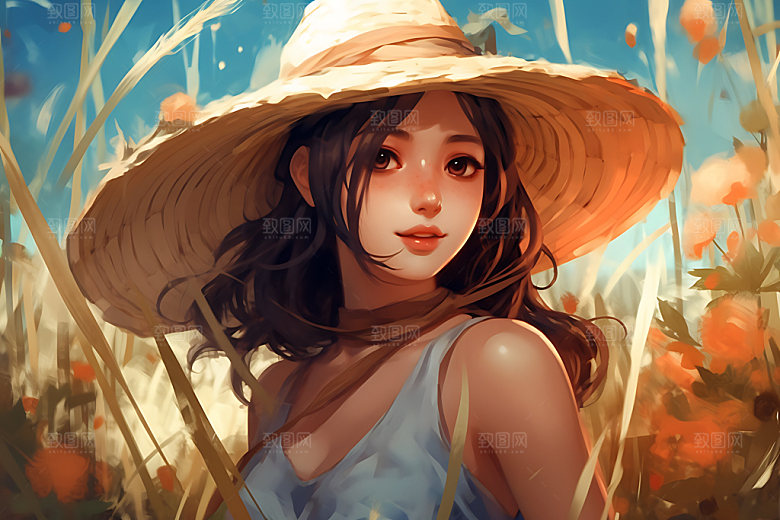 田野休闲唯美夏天蒸汽波风格插画