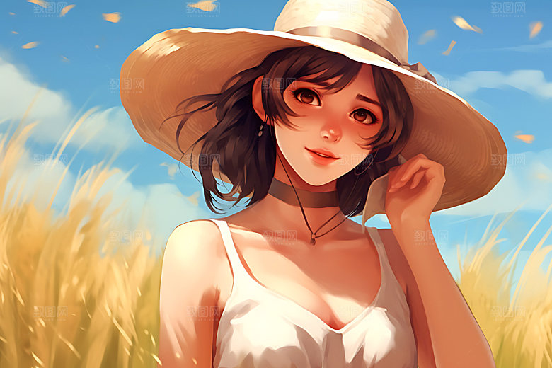 田野休闲夏日麦田蒸汽波风格插画