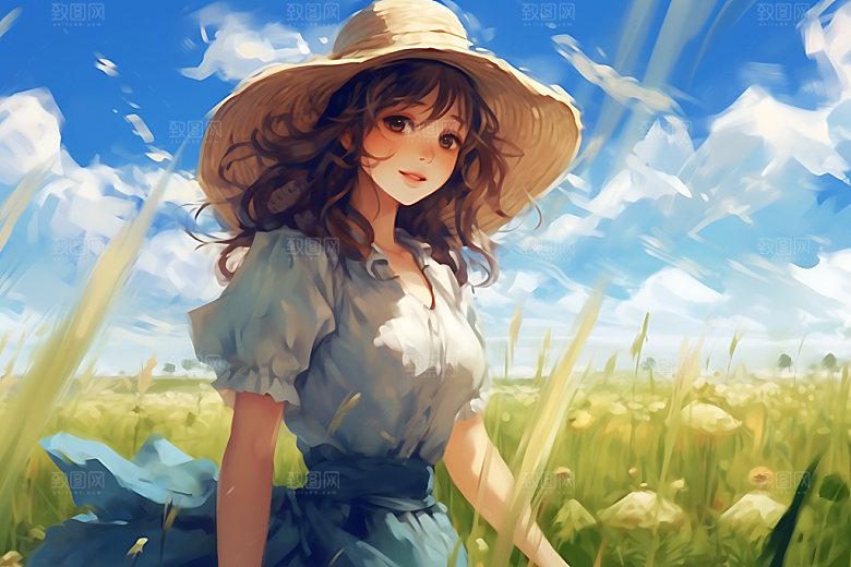 田野休闲夏日麦田蒸汽波风格插画