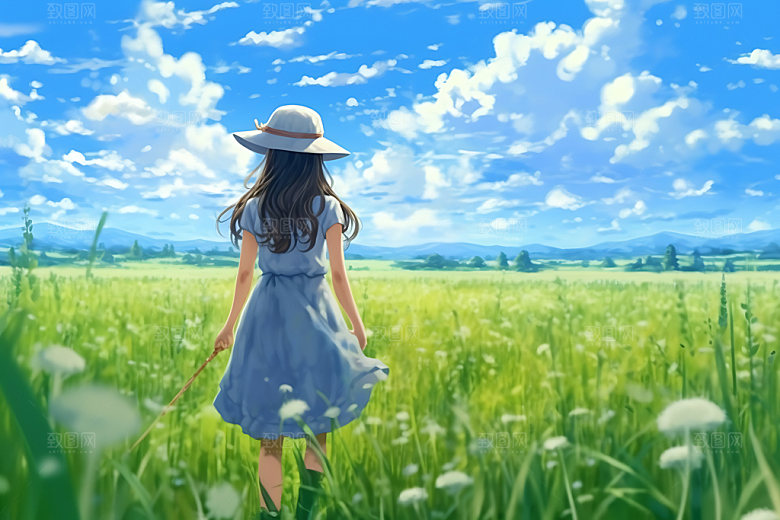 田野休闲麦田唯美蒸汽波风格插画