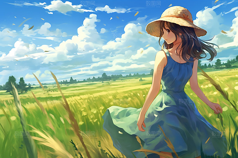 田野休闲夏天唯美蒸汽波风格插画