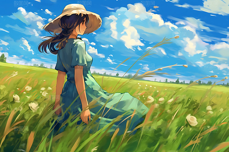 田野休闲唯美麦田蒸汽波风格插画