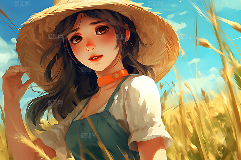 田野休闲麦田蓝天绿草蒸汽波风格插画