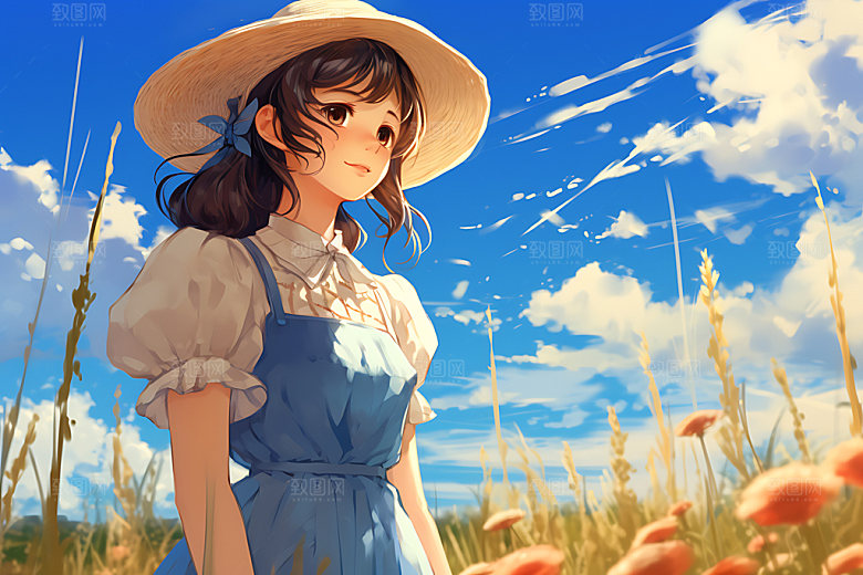 田野休闲唯美蓝天绿草蒸汽波风格插画