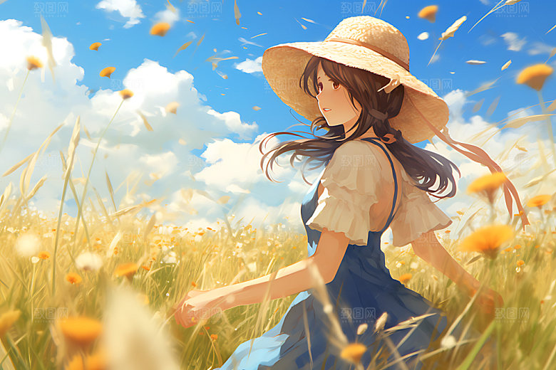 田野休闲唯美夏天蒸汽波风格插画