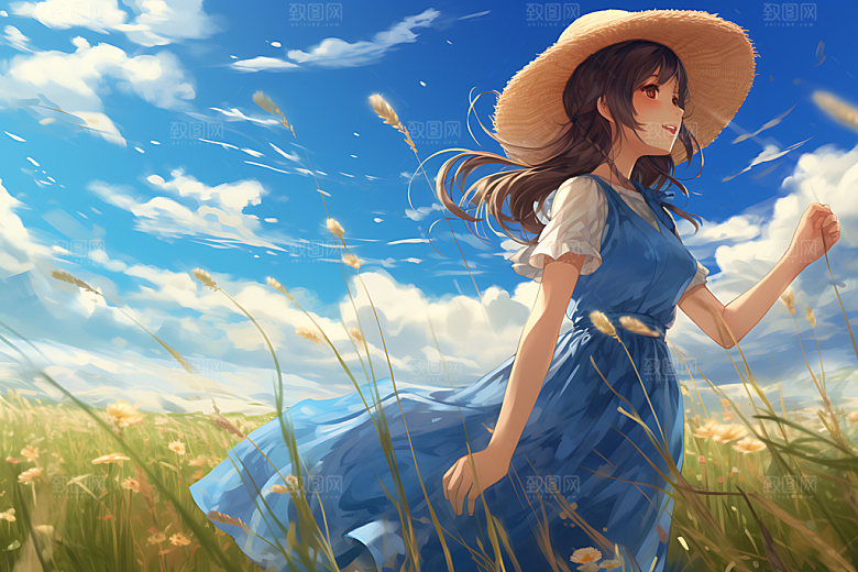 田野休闲蓝天绿草乡村蒸汽波风格插画