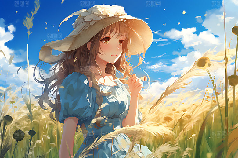 田野休闲蓝天绿草夏日蒸汽波风格插画