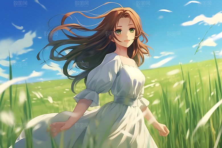 田野休闲蓝天绿草唯美蒸汽波风格插画