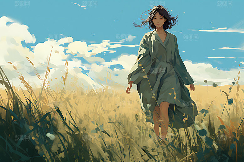 田野休闲夏日蓝天绿草蒸汽波风格插画