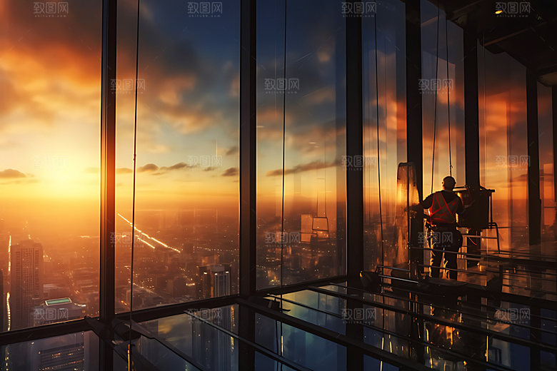 高空作业蜘蛛人大楼清洁摄影图