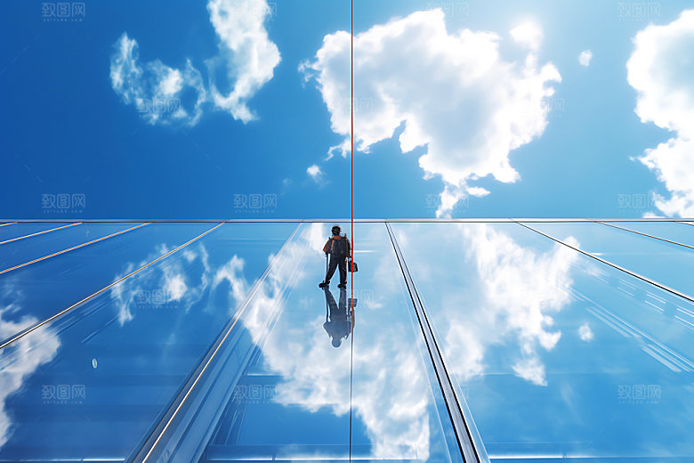 高空作业玻璃清洁蜘蛛人摄影图