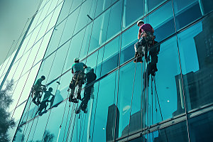 高空作业玻璃清洁高清摄影图