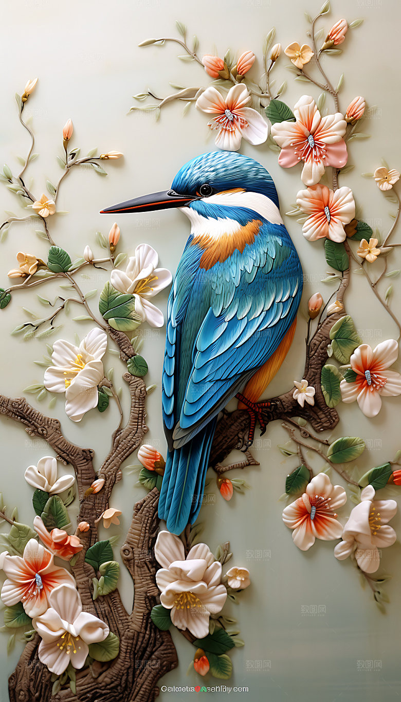 中国风花鸟花卉浮雕装饰画