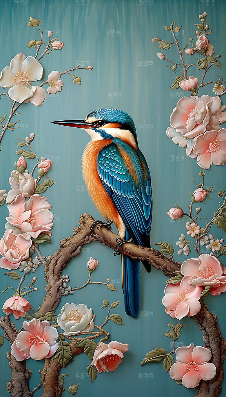 中国风花鸟浮雕自然装饰画