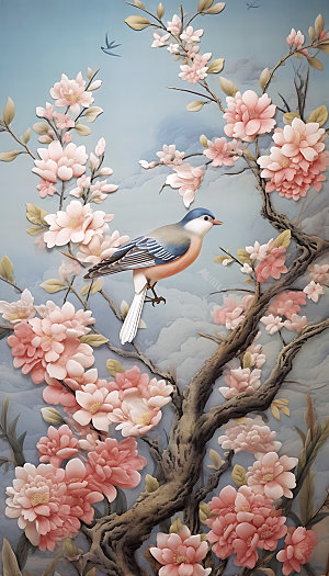 中国风花鸟浮雕艺术装饰画