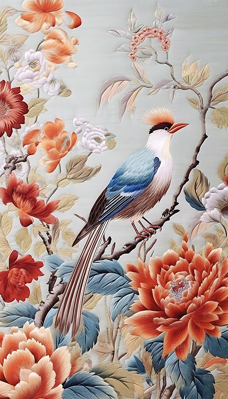 中国风花鸟浮雕花卉装饰画