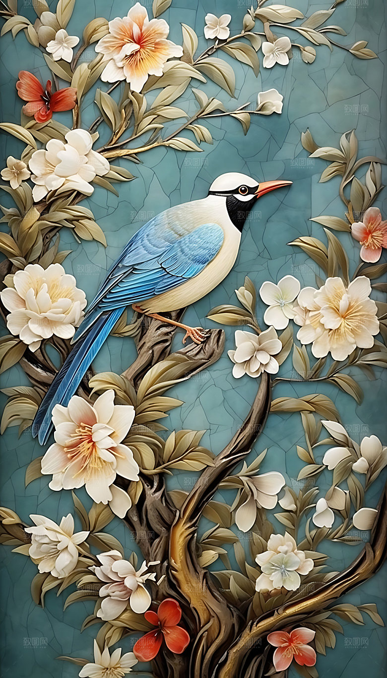 中国风花鸟立体浮雕装饰画