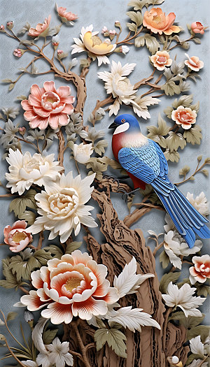 中国风花鸟鸟类浮雕装饰画