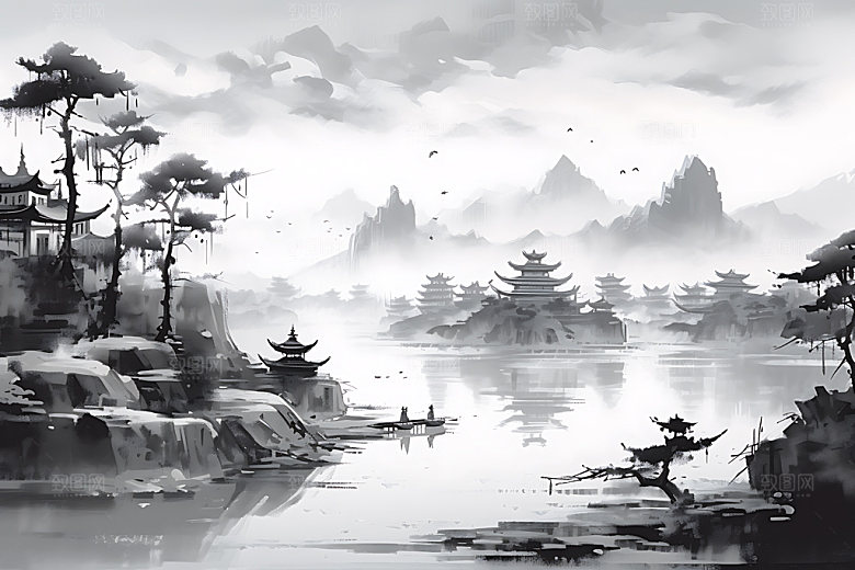 水墨墨染黑白装饰画