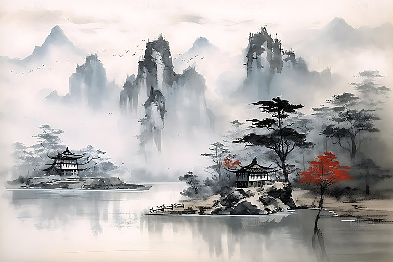水墨山水黑白装饰画