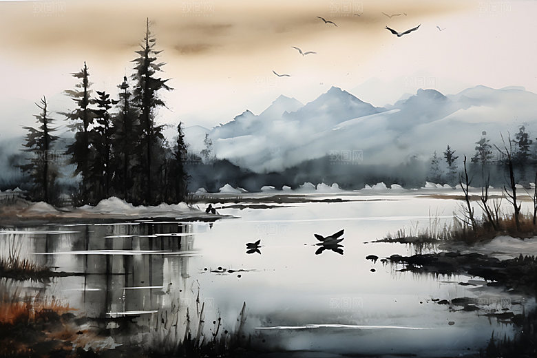 水墨山水黑白装饰画