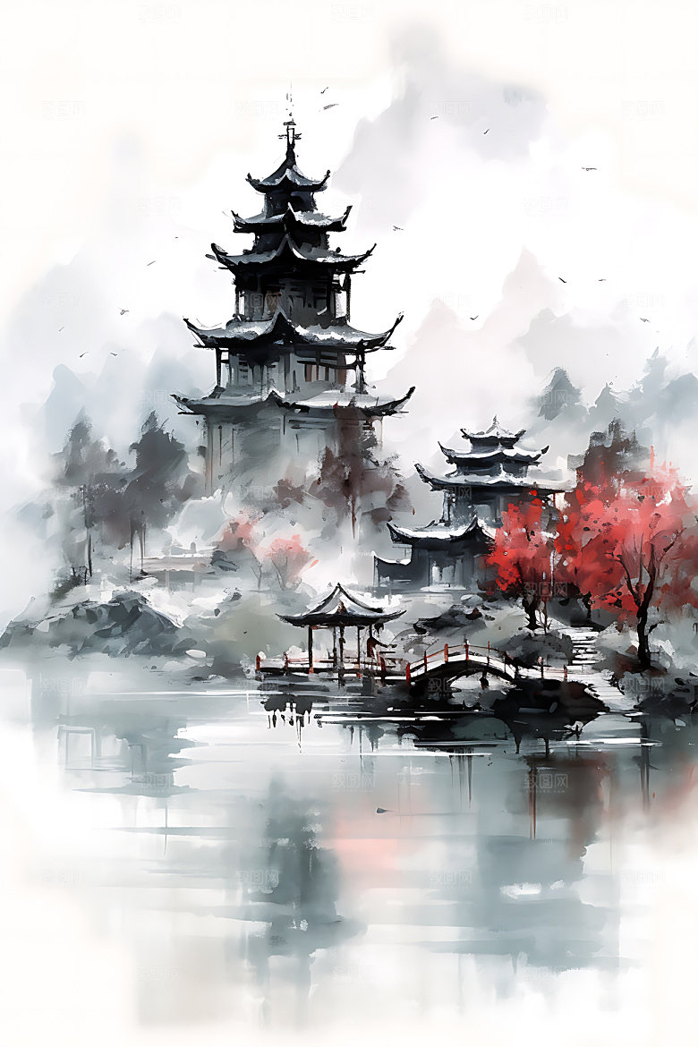 山水中式水墨装饰画