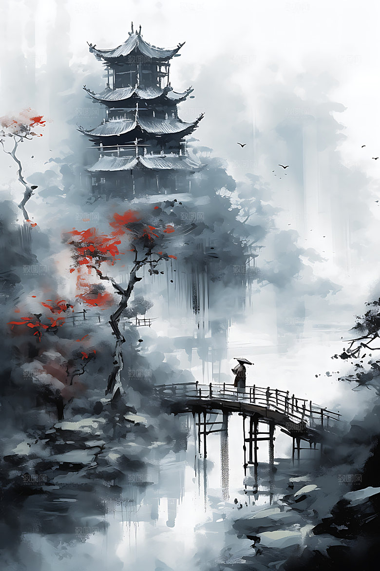 山水中式水墨装饰画
