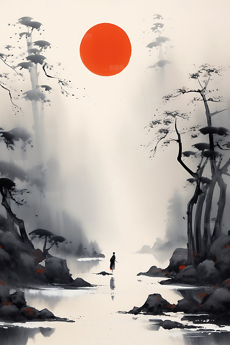 山水笔墨工笔画装饰画