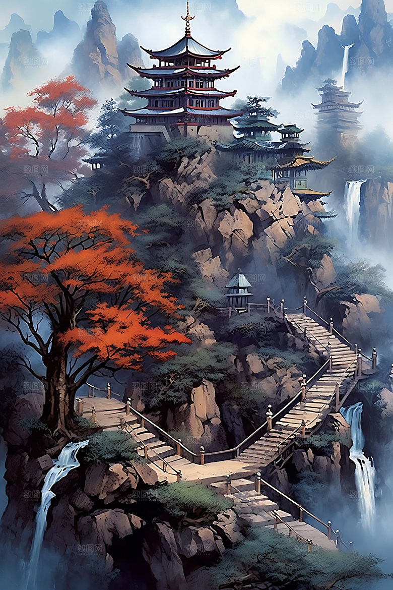 山水中式水墨装饰画