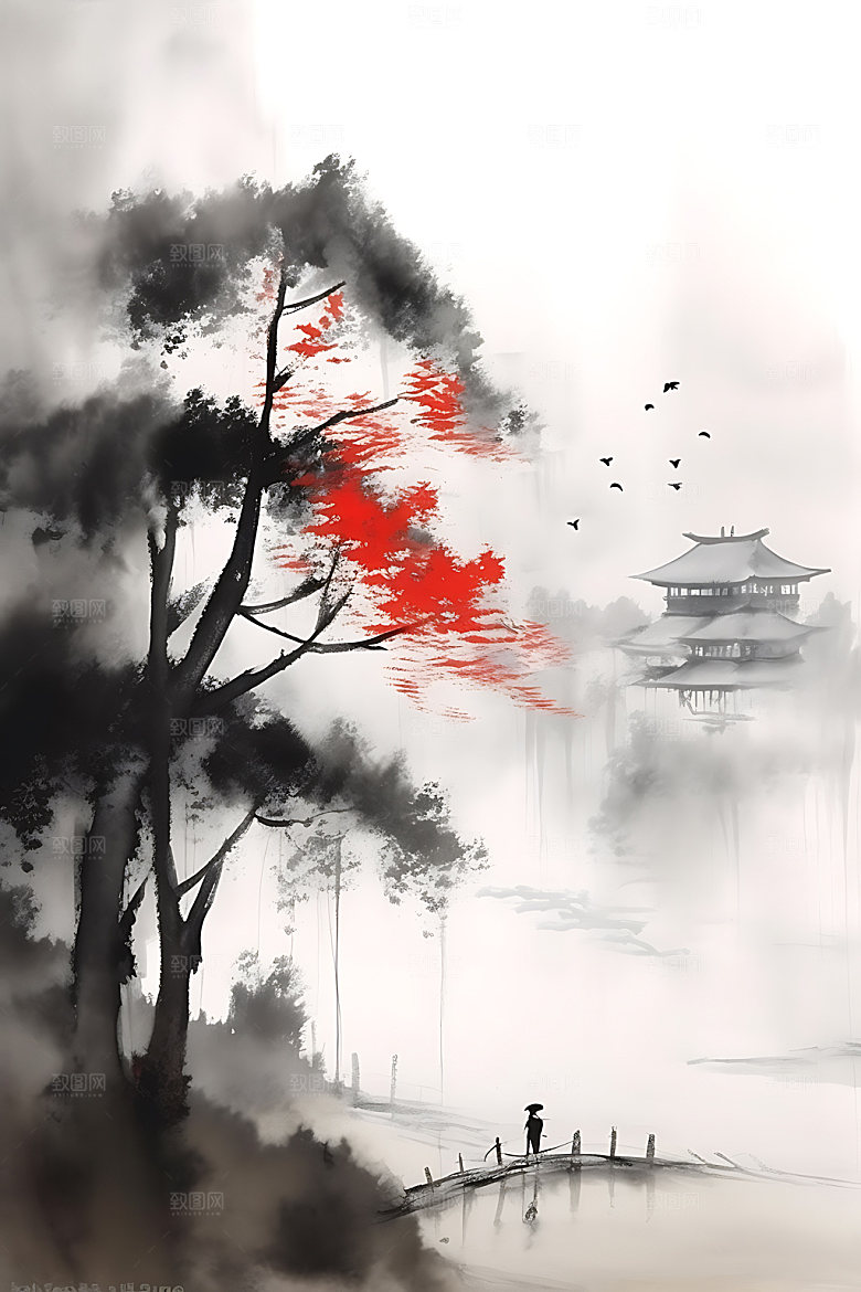 山水工笔画笔墨装饰画