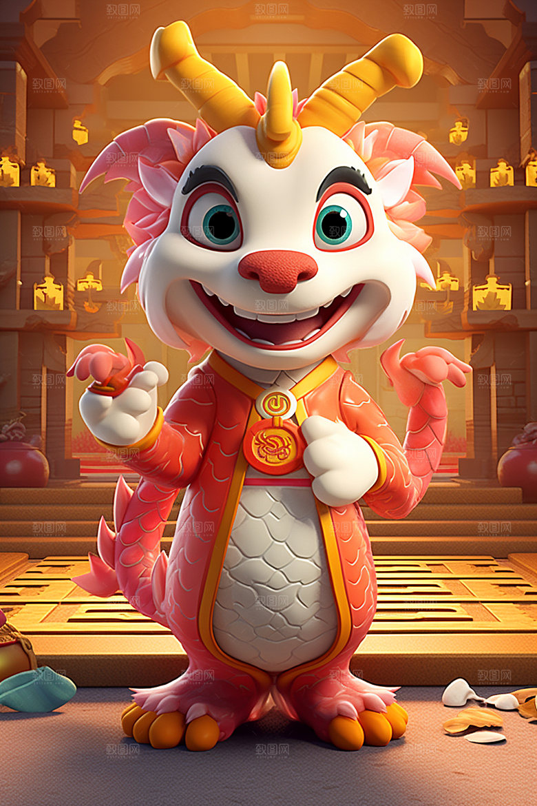 卡通中国龙红色新年模型